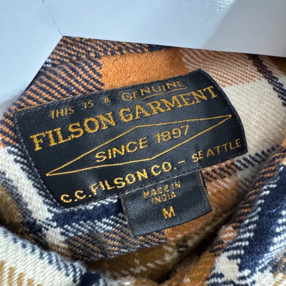 Filson Vintage Flannel Work Shirt Mens M Navy Cumin Plaid Thick Brushed Cotton